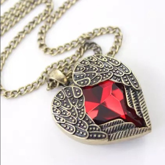 HIGHY DEMANDED Angel Winged Red Heart Vintage Style Necklace Heart Pendant - Picture 2 of 6